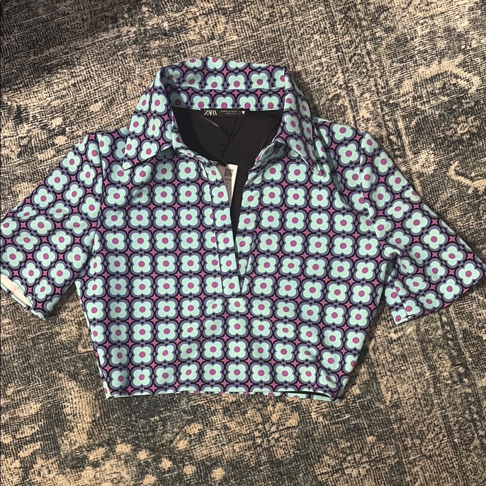Zara Blue and Purple Crop Top with Geometric Pattern